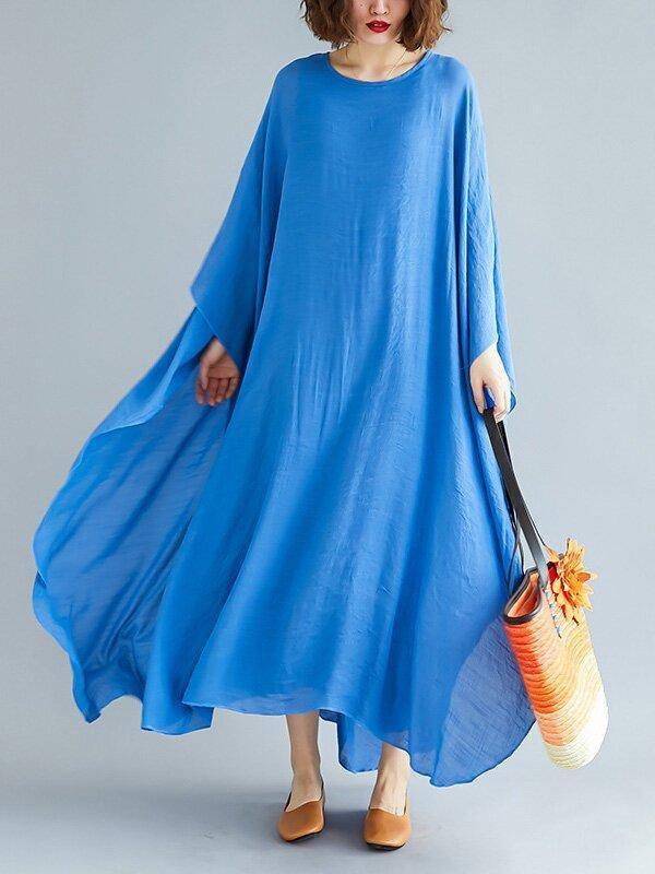 Loose Solid Color Vintage H-Line Dress-Cozy Dresses-BLUE-M-Free Shipping Leatheretro