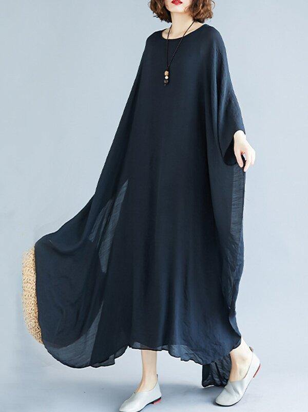 Loose Solid Color Vintage H-Line Dress-Cozy Dresses-BLACK-M-Free Shipping Leatheretro