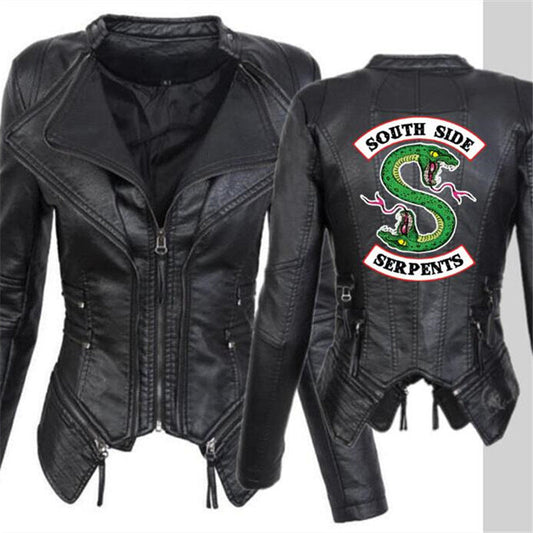 Women PU Leather Zipper Short Jacket Coat with Print-Coats & Jackets-Black-S-Free Shipping Leatheretro