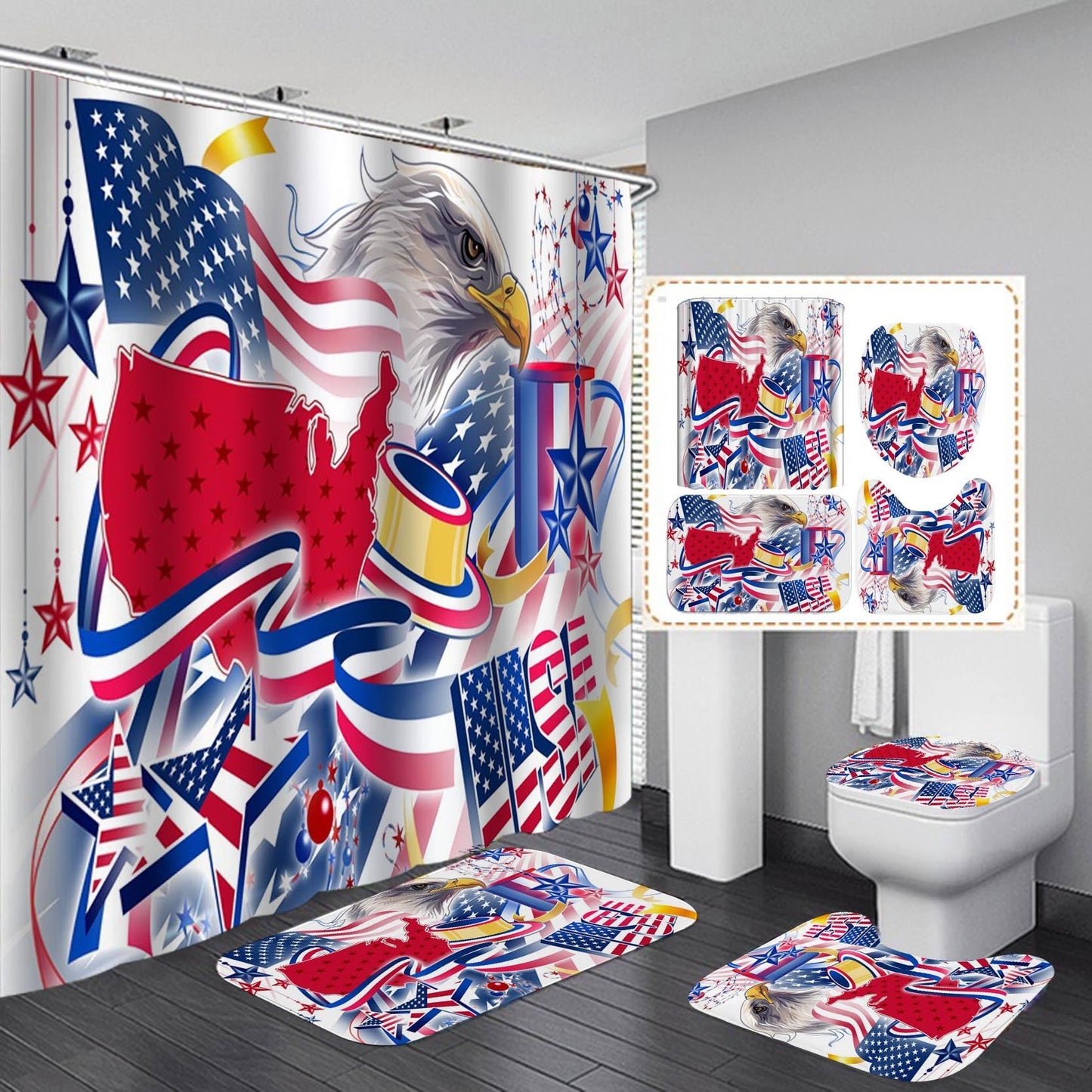 Independence Day Fabric Shower Curtain Sets-Shower Curtains-Shower Curtain+3Pcs Mat-Free Shipping Leatheretro