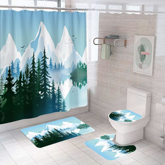 Northen Euro Snowberg Bathroom Fabric Shower Curtain Sets-Shower Curtains-Shower Curtain+3Pcs Mat-Free Shipping Leatheretro