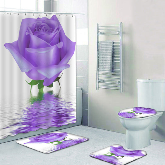 3D Purple Flower Bathroom Fabric Shower Curtain Sets-Shower Curtain+3Pcs Mat-Free Shipping Leatheretro