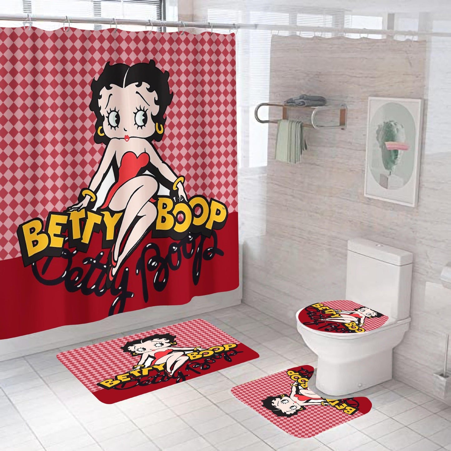 Betty Girl Fabric Shower Curtain Sets-Shower Curtains-Shower Curtain+3Pcs Mat-Style3-Free Shipping Leatheretro