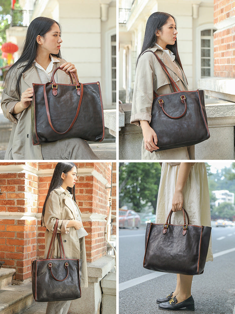 Luxury Vege Tanned Leather Tote Handbags for Women 8902-Handbags, Wallets & Cases-Coffee-Free Shipping Leatheretro