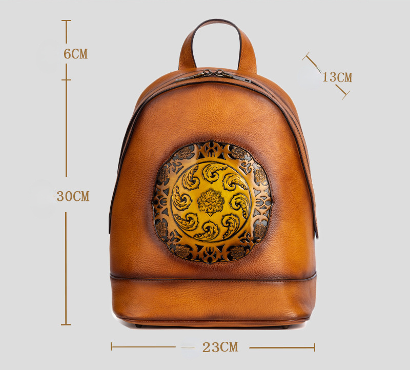 Vintage Vegetable Tanned Leather Embossing Backpack for Women C319-Leather Backpack for Women-Brown-Free Shipping Leatheretro