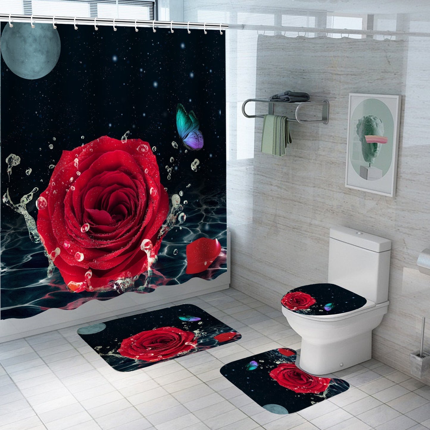 Red Rose&Butterfly Shower Curtain Sets Rug & Mat Non-Slip Toilet Lid Cover-Shower Curtains-B-Shower Curtain+3Pcs Mat-Free Shipping Leatheretro