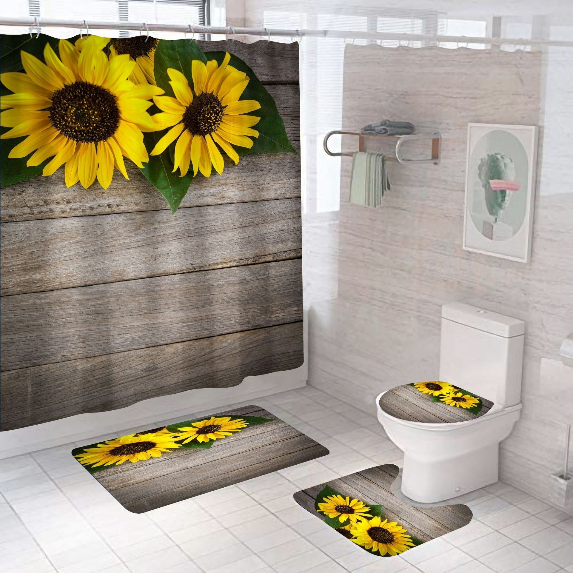 Vintage Sunflowers Shower Curtain Sets Rug & Mat Non-Slip Toilet Lid Cover-Shower Curtains-B-Shower Curtain+3Pcs Mat-Free Shipping Leatheretro