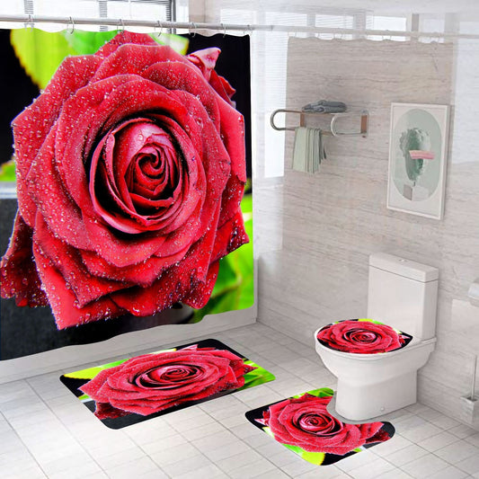 Red Rose&Butterfly Shower Curtain Sets Rug & Mat Non-Slip Toilet Lid Cover-Shower Curtains-A-Shower Curtain+3Pcs Mat-Free Shipping Leatheretro