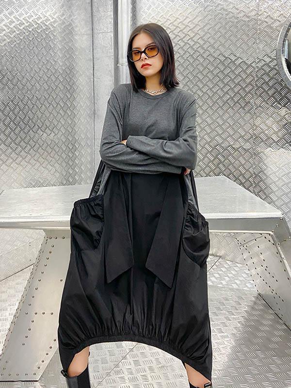 Loose Split-Joint Round-Neck Long Dress-Cozy Dresses-BLACK-FREE SIZE-Free Shipping Leatheretro