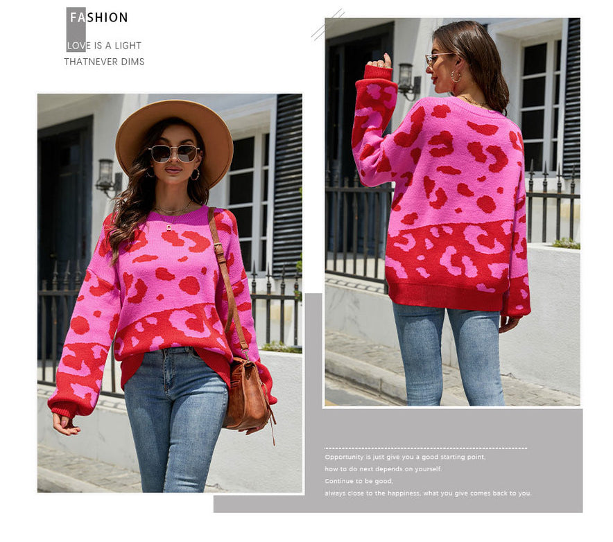 Fashion Round Neck Leopard Knitted Pullover Sweaters-Shirts & Tops-Pink-S-Free Shipping Leatheretro