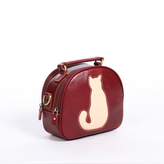Cute Cat Design Handmade Vege Tanned Leather Bag for Women-Handbags-Wine Red-Free Shipping Leatheretro