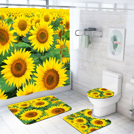 3D Sunflower Shower Curtain Set Bathroom Rug Bath Mat Non-Slip Toilet Lid Cover-Shower Curtains-A-Shower Curtain+3Pcs Mat-Free Shipping Leatheretro