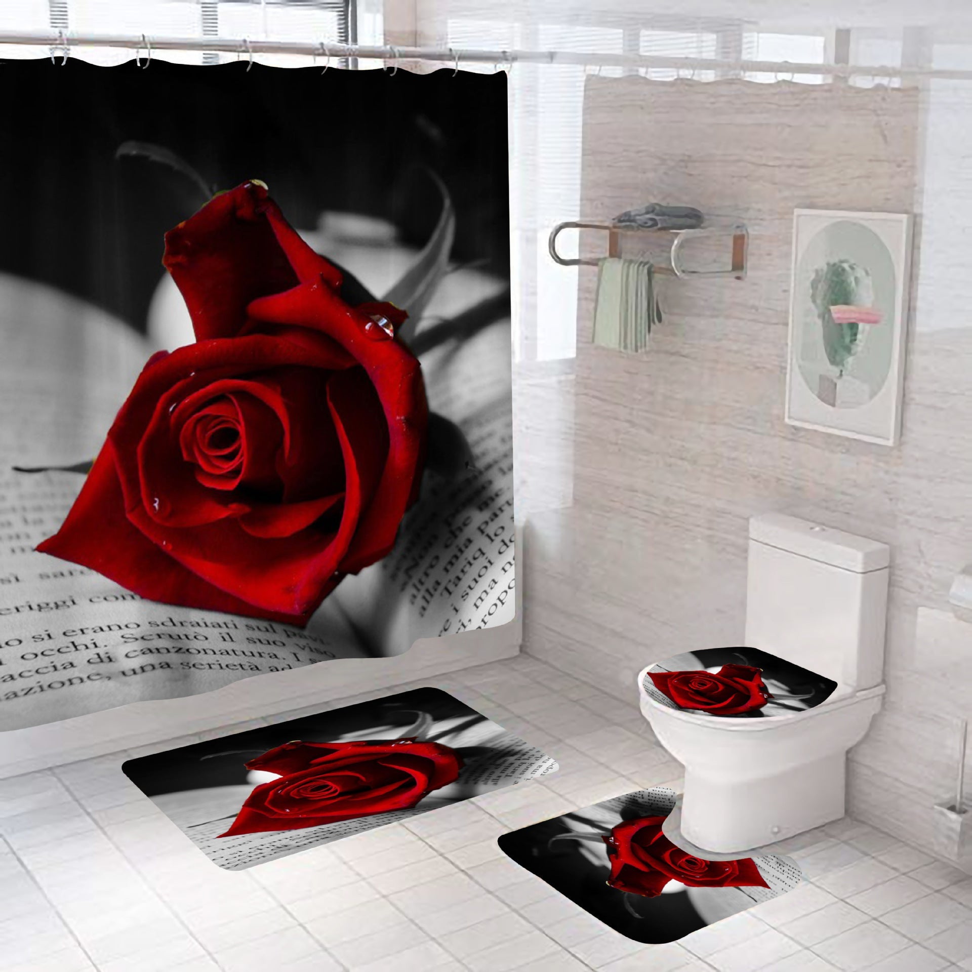 Rose Red Valentine's Day Bathroom Shower Curtain Sets with Rug-Shower Curtains-Shower Curtain+3Pcs Mat-Style1-Free Shipping Leatheretro