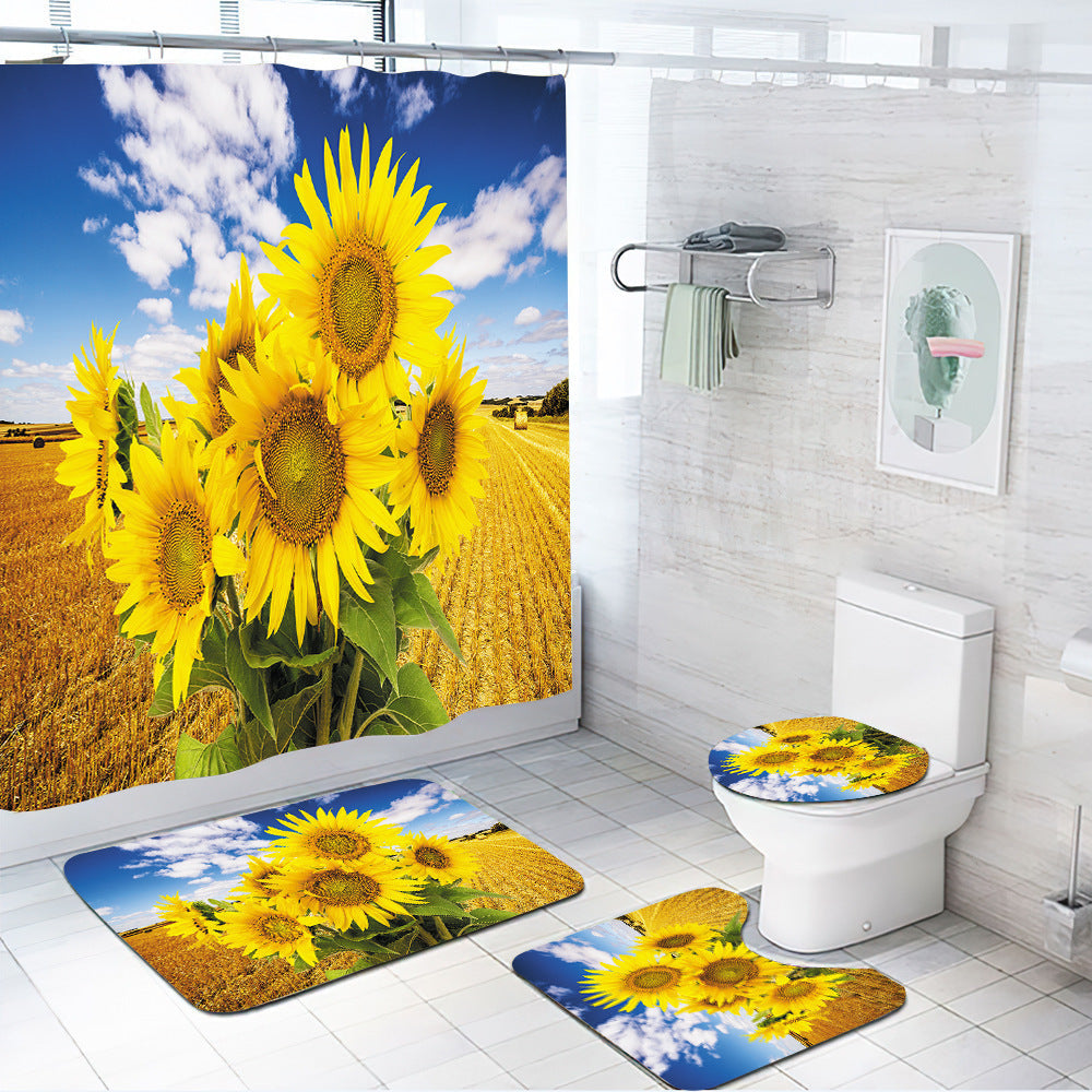 3D Sunflower Shower Curtain Set Bathroom Rug Bath Mat Non-Slip Toilet Lid Cover-Shower Curtains-B-Shower Curtain+3Pcs Mat-Free Shipping Leatheretro