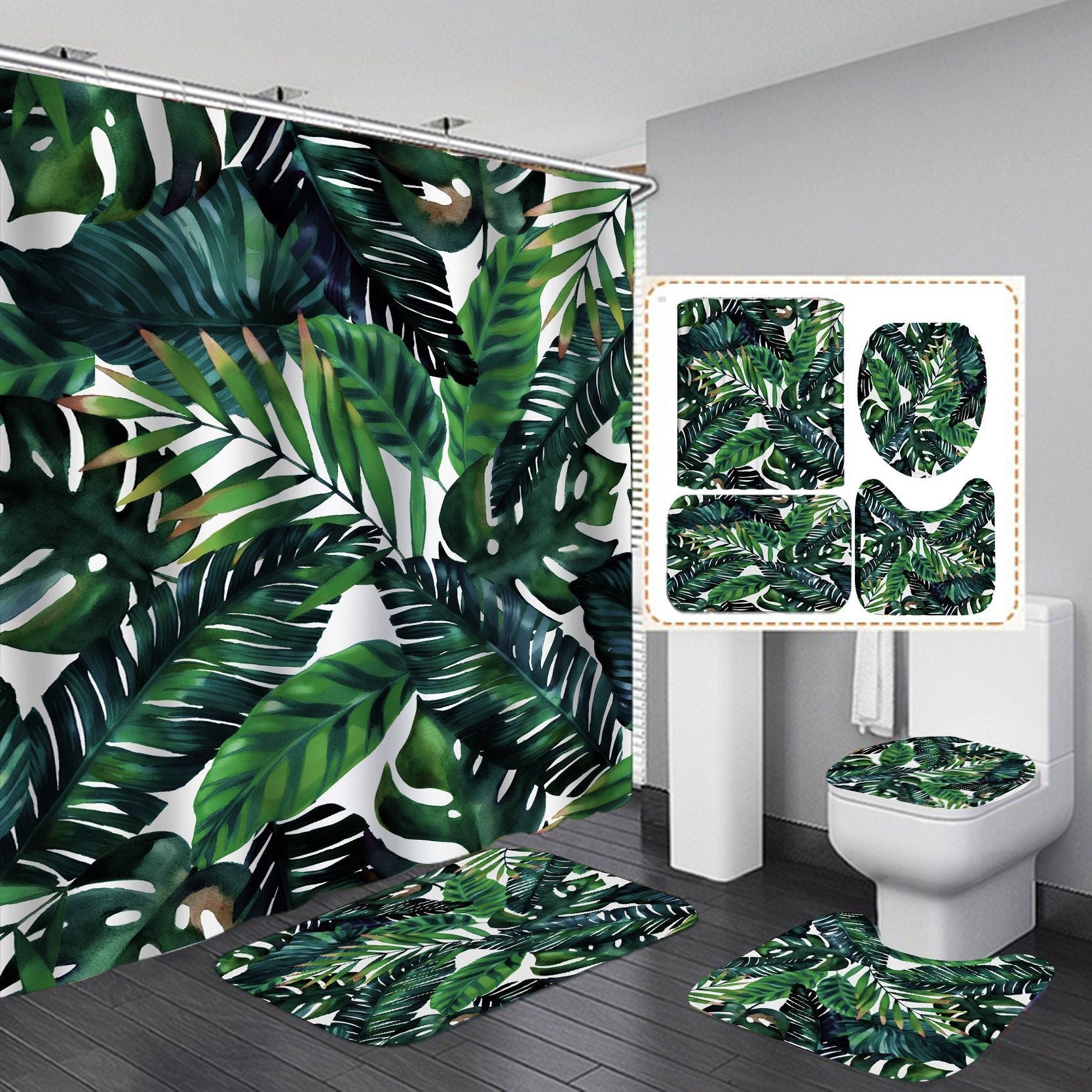 3D Palm Tree Shower Curtain Set Bathroom Rug Bath Mat Non-Slip Toilet Lid Cover-Shower Curtains-B-Shower Curtain+3Pcs Mat-Free Shipping Leatheretro
