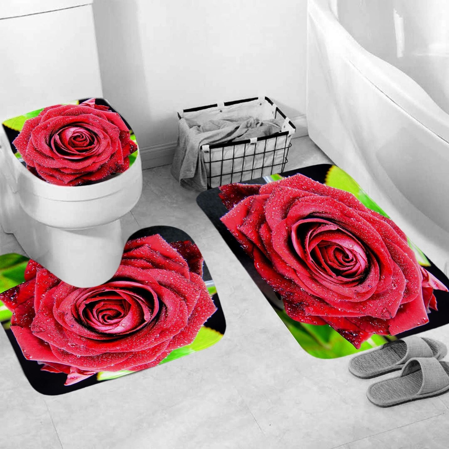 Red Rose&Butterfly Shower Curtain Sets Rug & Mat Non-Slip Toilet Lid Cover-Shower Curtains-A-Shower Curtain+3Pcs Mat-Free Shipping Leatheretro