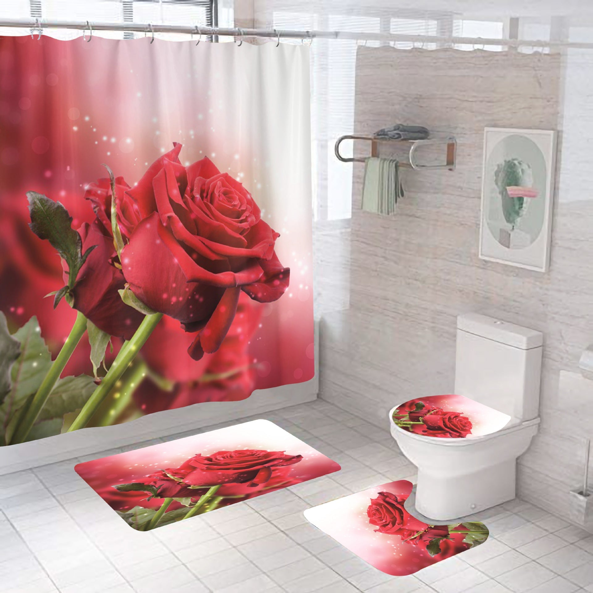 Rose Red Valentine's Day Bathroom Shower Curtain Sets with Rug-Shower Curtains-Shower Curtain+3Pcs Mat-Style2-Free Shipping Leatheretro