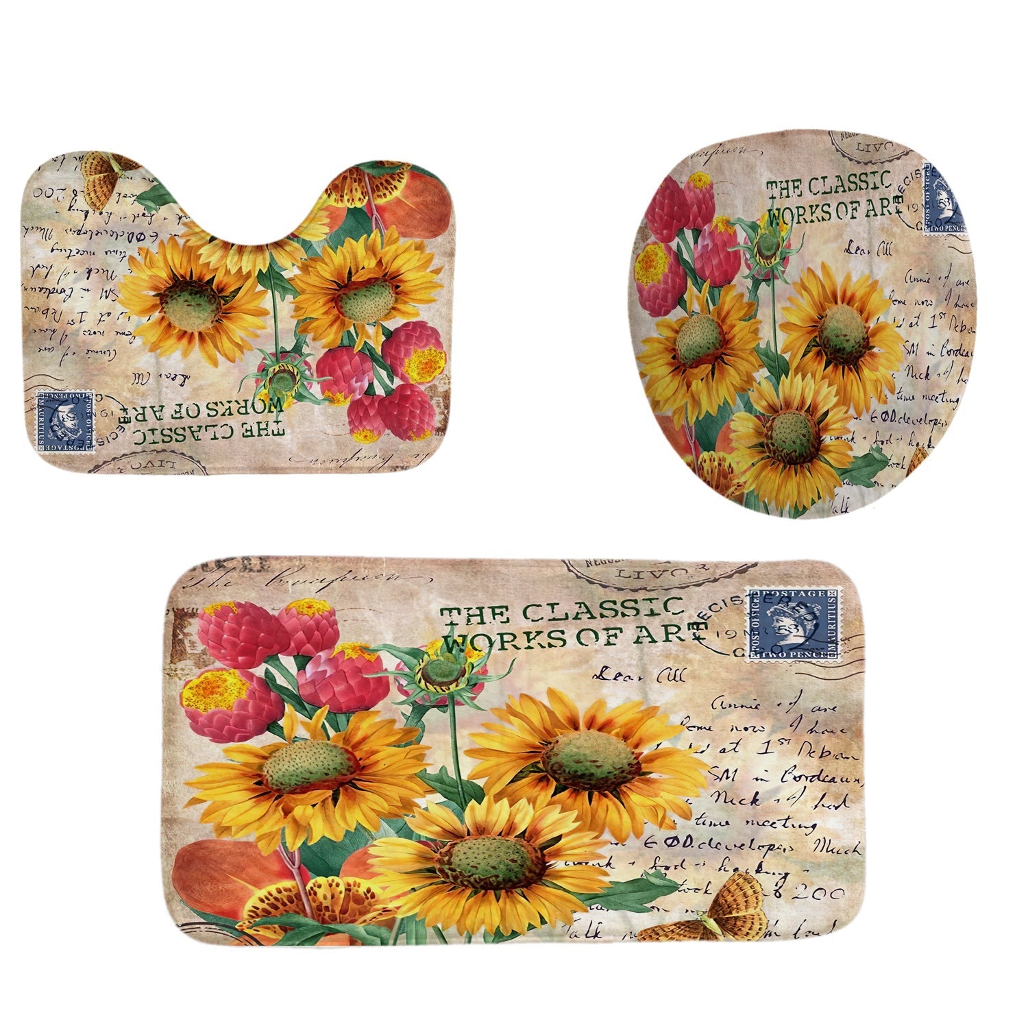 Vintage Sunflowers Shower Curtain Sets Rug & Mat Non-Slip Toilet Lid Cover-Shower Curtains-A-Shower Curtain+3Pcs Mat-Free Shipping Leatheretro