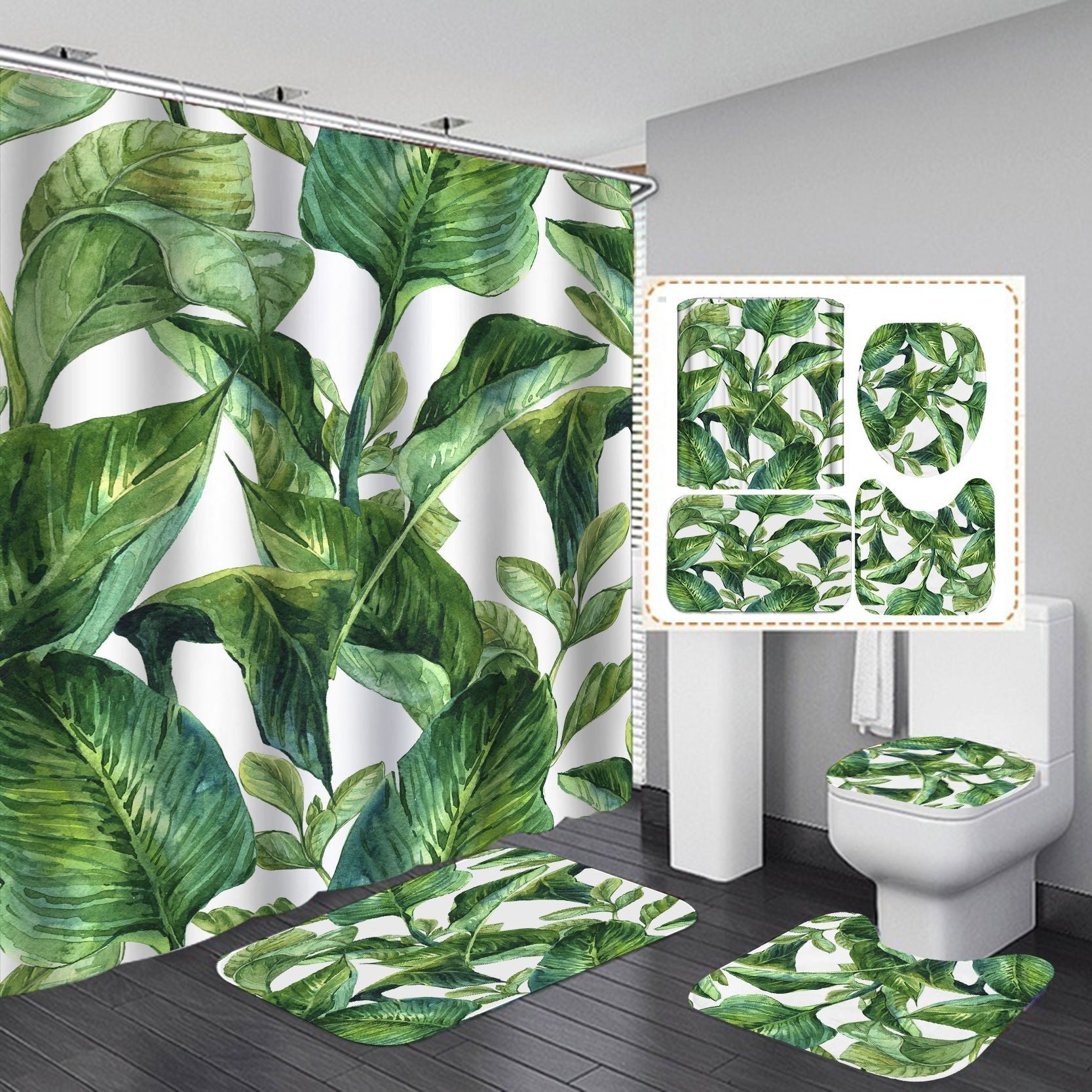 3D Palm Tree Shower Curtain Set Bathroom Rug Bath Mat Non-Slip Toilet Lid Cover-Shower Curtains-C-Shower Curtain+3Pcs Mat-Free Shipping Leatheretro