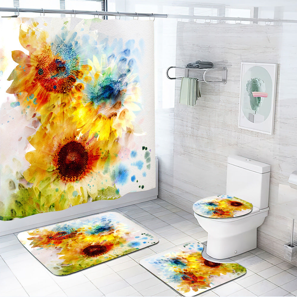 3D Sunflower Shower Curtain Set Bathroom Rug Bath Mat Non-Slip Toilet Lid Cover-Shower Curtains-C-Shower Curtain+3Pcs Mat-Free Shipping Leatheretro
