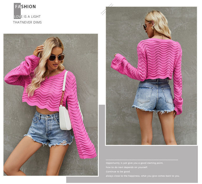 Fashion Hallow Out Short Knitted Pullover Sweaters-Shirts & Tops-Rose Red-S-Free Shipping Leatheretro