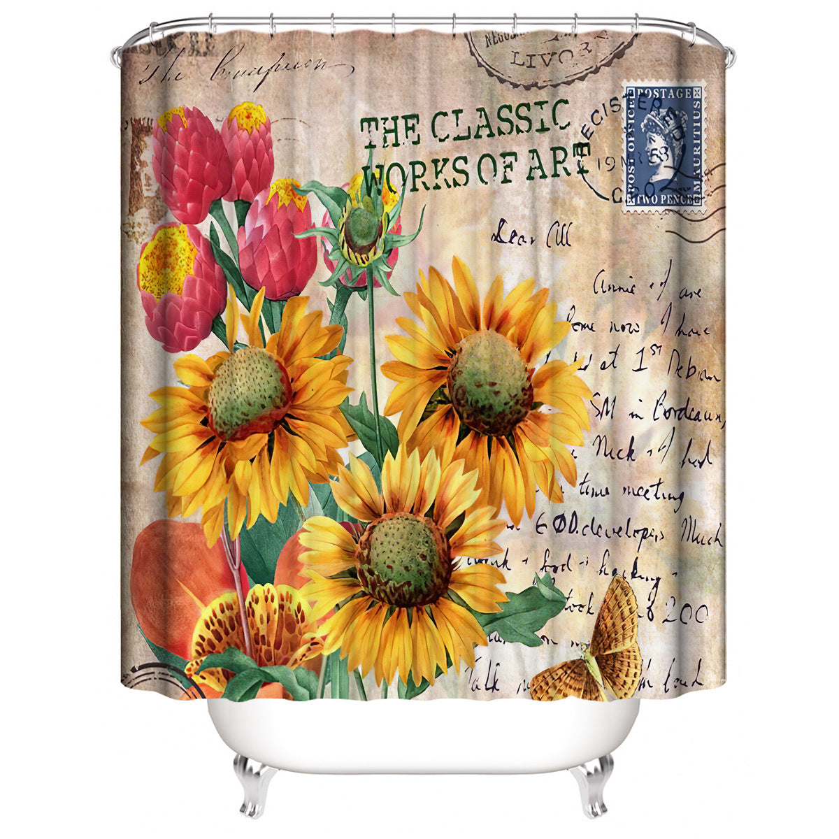 Vintage Sunflowers Shower Curtain Sets Rug & Mat Non-Slip Toilet Lid Cover-Shower Curtains-A-Shower Curtain+3Pcs Mat-Free Shipping Leatheretro