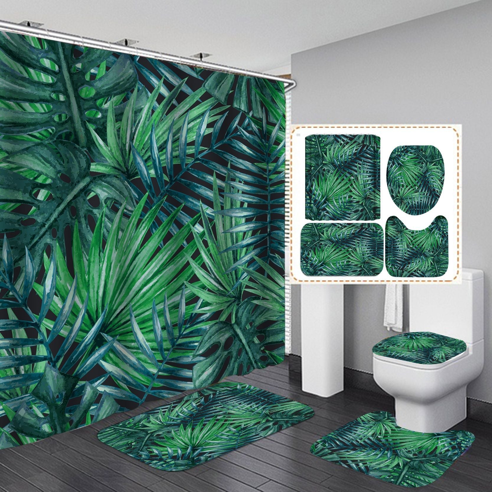3D Palm Tree Shower Curtain Set Bathroom Rug Bath Mat Non-Slip Toilet Lid Cover-Shower Curtains-D-Shower Curtain+3Pcs Mat-Free Shipping Leatheretro