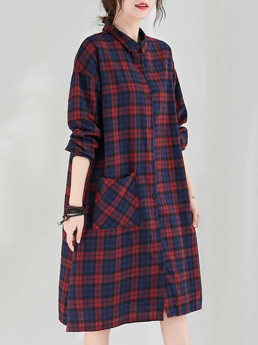 Original Plaid Lapel Shirt Dress-Cozy Dresses-RED PLAID-M-Free Shipping Leatheretro