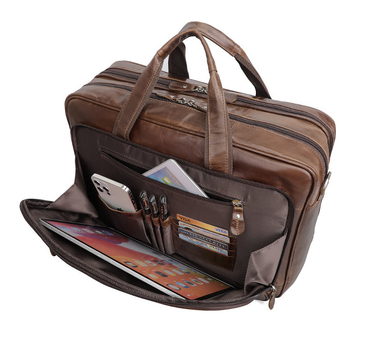 Vintage Leahter Briefcase 17" Leather Laptop 7320-Briefcases-Coffee-Free Shipping Leatheretro