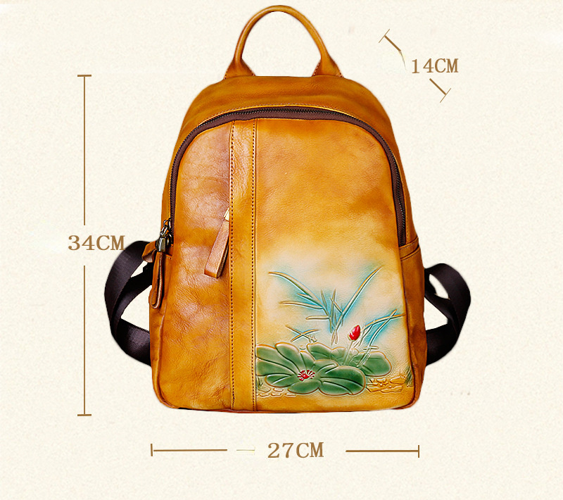 Vintage Floral Embossing Leather Backpack for Women C311-Leather Backpack for Women-Yellow-Free Shipping Leatheretro
