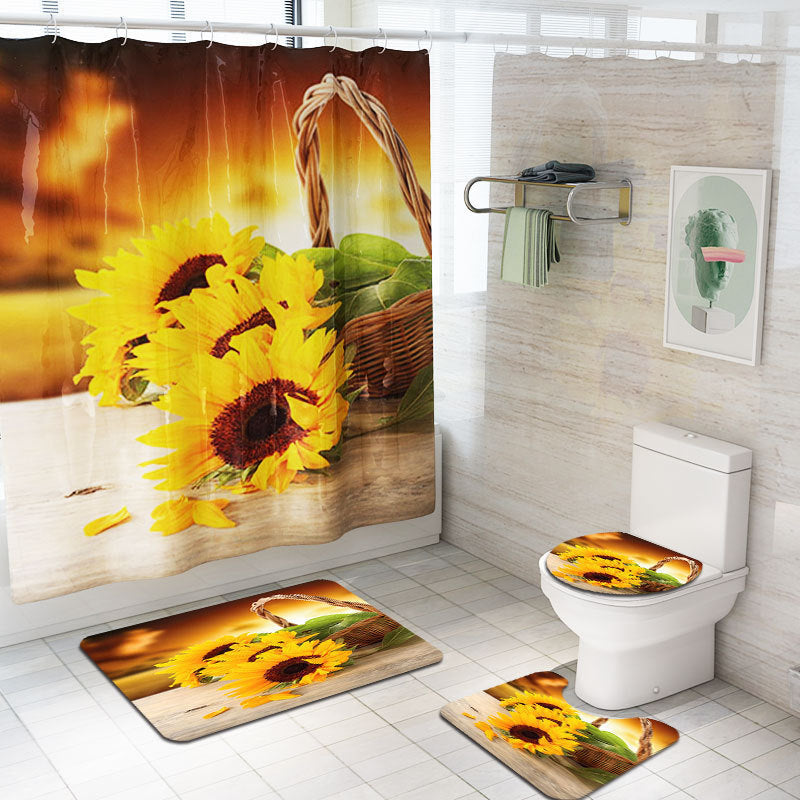 3D Sunflower Shower Curtain Set Bathroom Rug Bath Mat Non-Slip Toilet Lid Cover-Shower Curtains-D-Shower Curtain+3Pcs Mat-Free Shipping Leatheretro