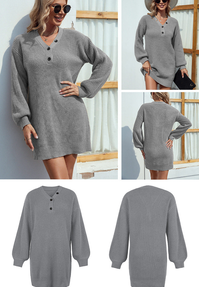 Fashion V Neck Fall Knitted Dresses-Dresses-Brown-S-Free Shipping Leatheretro