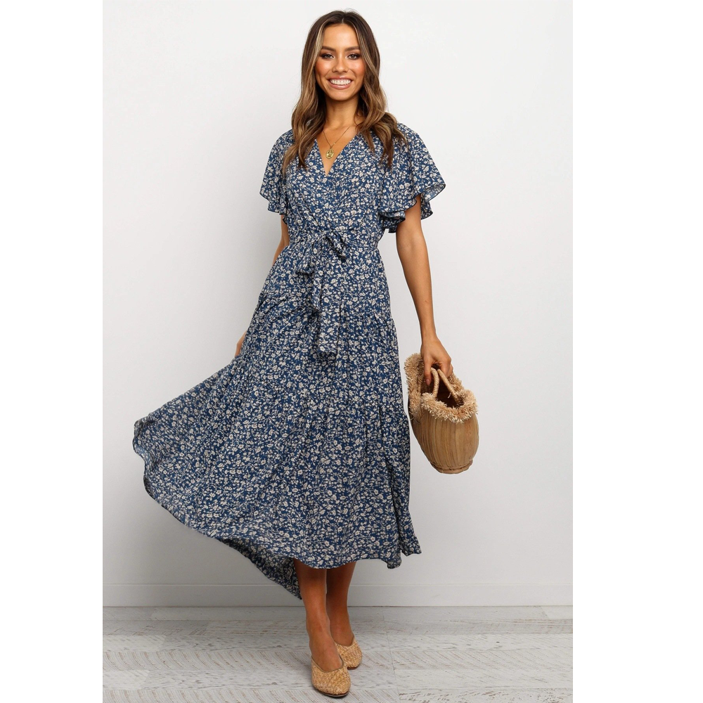 Women Short Sleeves V Neck Midi Dresses-Maxi Dresses-Dark Blue-S-Free Shipping Leatheretro