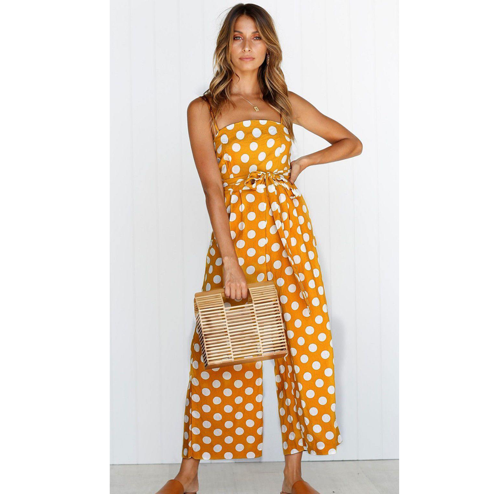 Sleeveless Dot Print High Waist Summer Jumpsuits-Maxi Dresses-Yellow-S-Free Shipping Leatheretro