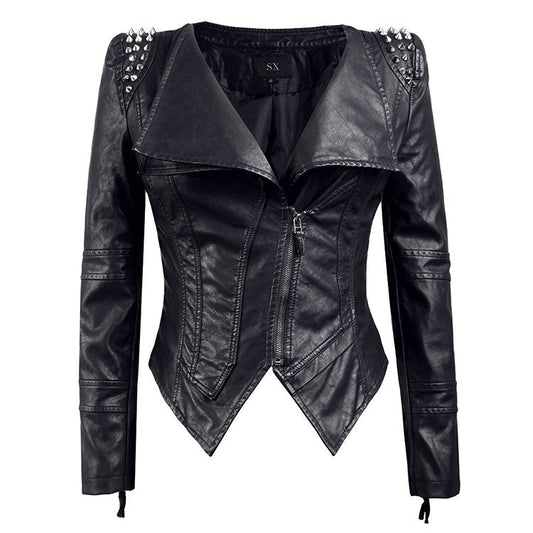 Punk Style Rivet Design PU Leather Women Jacket-Coats & Jackets-Black-S-Free Shipping Leatheretro