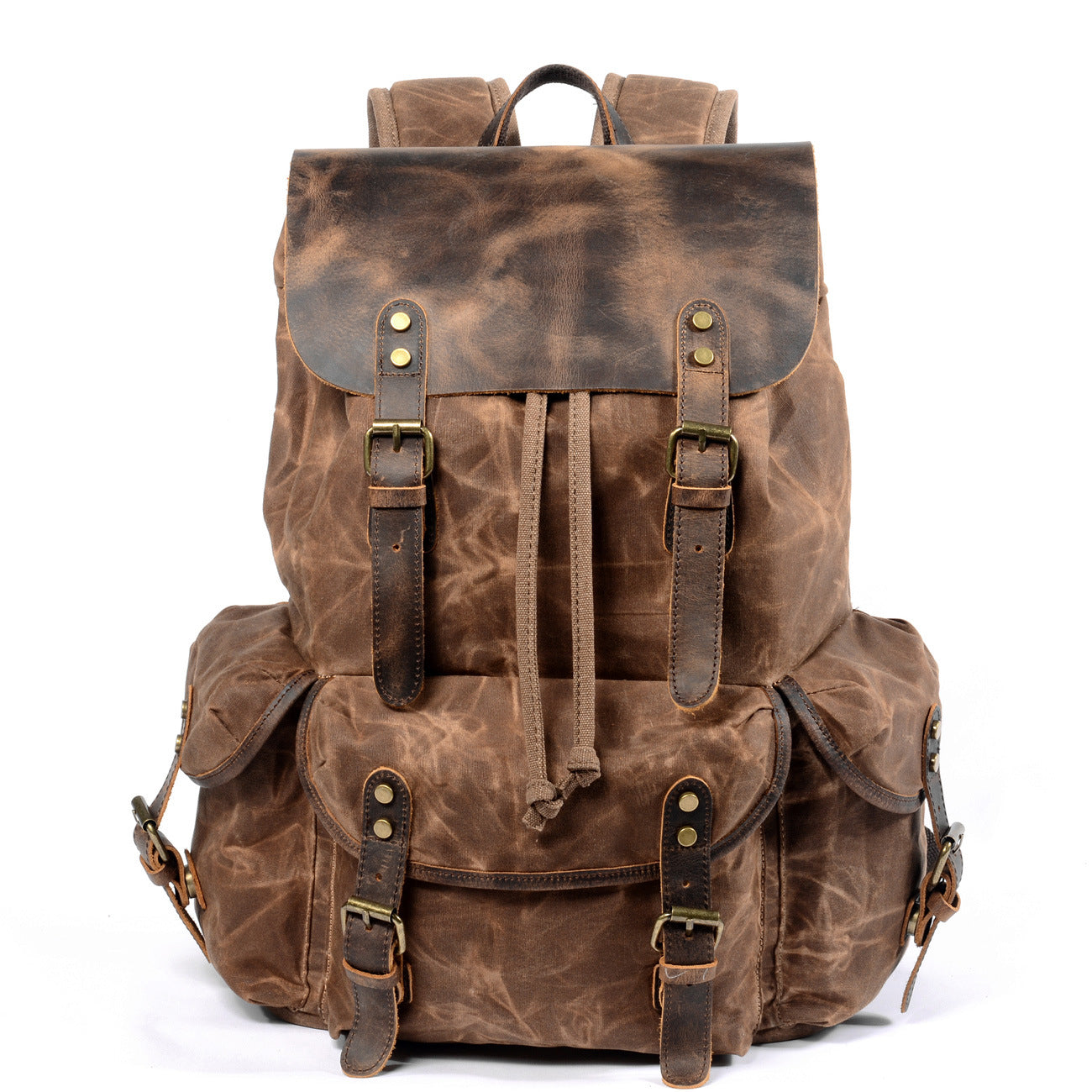Casual Vintage Drawstrawing Waxed Canvas Hiking Rucksack 6105-Leather Canvas Backpack-Black-Free Shipping Leatheretro