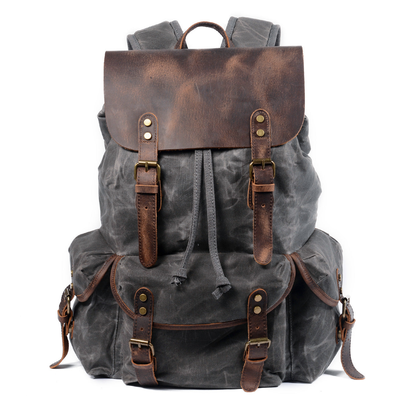 Casual Vintage Drawstrawing Waxed Canvas Hiking Rucksack 6105-Leather Canvas Backpack-Black-Free Shipping Leatheretro