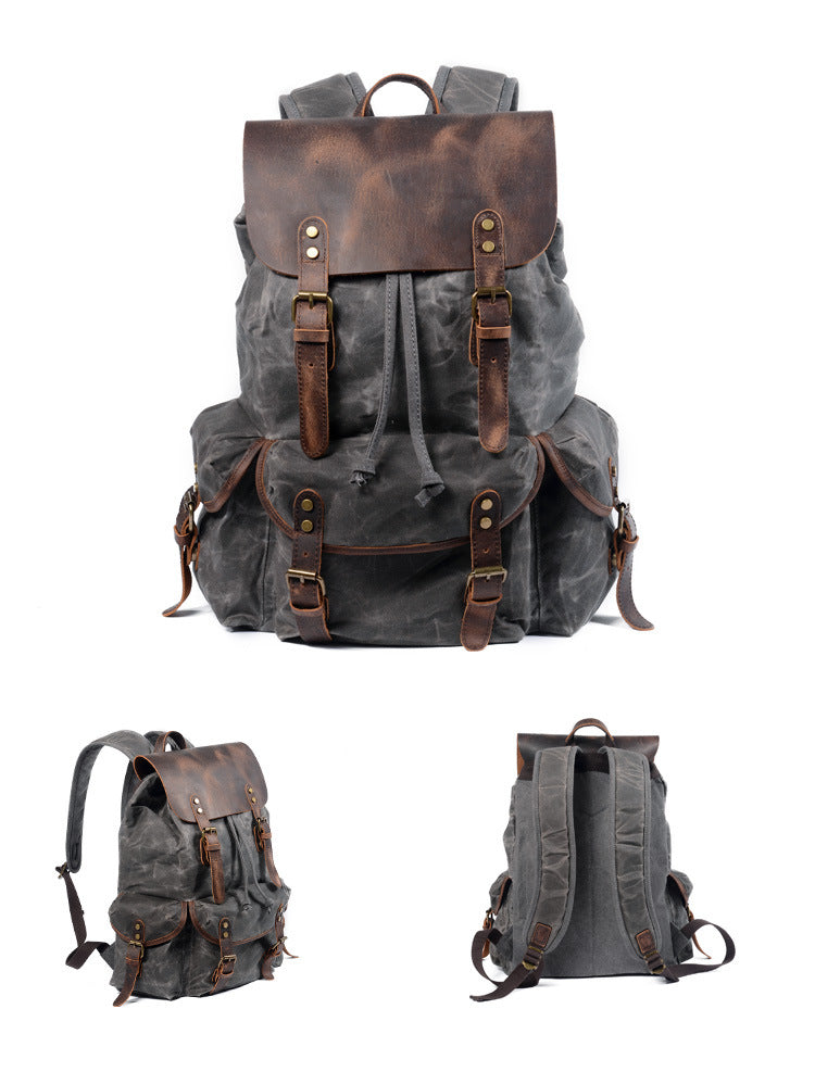 Casual Vintage Drawstrawing Waxed Canvas Hiking Rucksack 6105-Leather Canvas Backpack-Black-Free Shipping Leatheretro