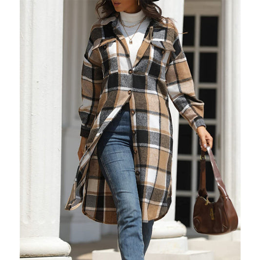 Casual Women Plaid Woolen Long Shirts-Outerwear-Red-S-Free Shipping Leatheretro