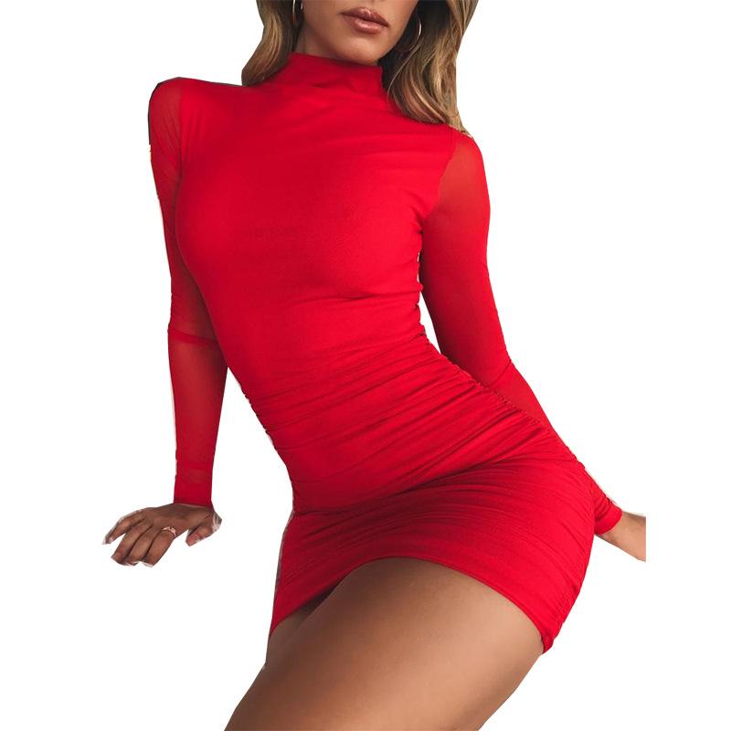 Women High Neck Sexy Bodycon Dresses-Sexy Dresses-Red-S-Free Shipping Leatheretro