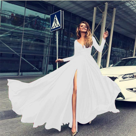 Sexy V-neck Long Sleeves Long Dresses-Maxi Dresses-White-S-Free Shipping Leatheretro