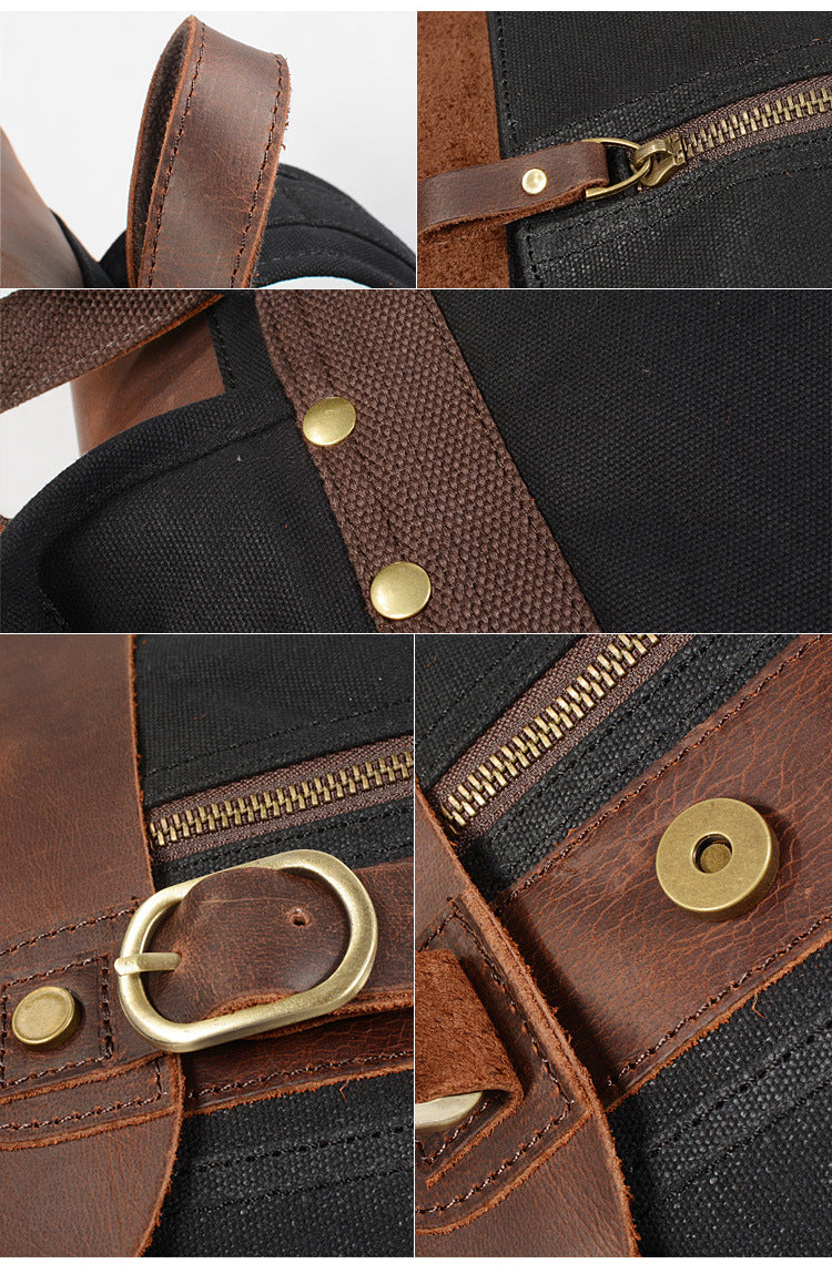 Leisure Vintage Waterproof Leather Canvas Backpack 659LA-Leather Canvas Backpack-Black-Free Shipping Leatheretro