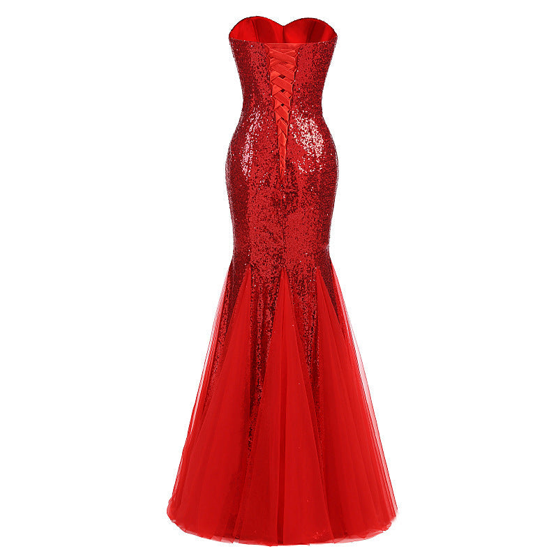 Women Strapless Sequined Sexy Mermaid Long Evening Dresses-Dresses-Red-US4-Free Shipping Leatheretro