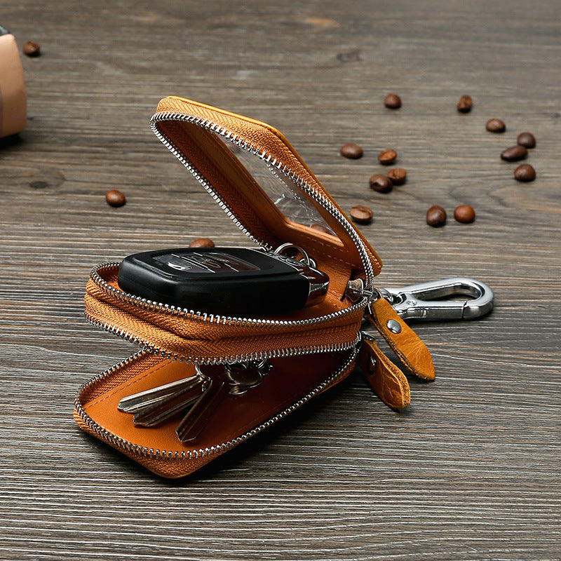 Vintage Cowhide Double Zipper Leather Car Key Cases 9009-Brown-Free Shipping Leatheretro