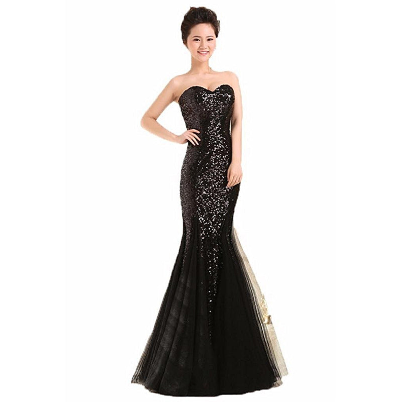 Women Strapless Sequined Sexy Mermaid Long Evening Dresses-Dresses-Black-US4-Free Shipping Leatheretro