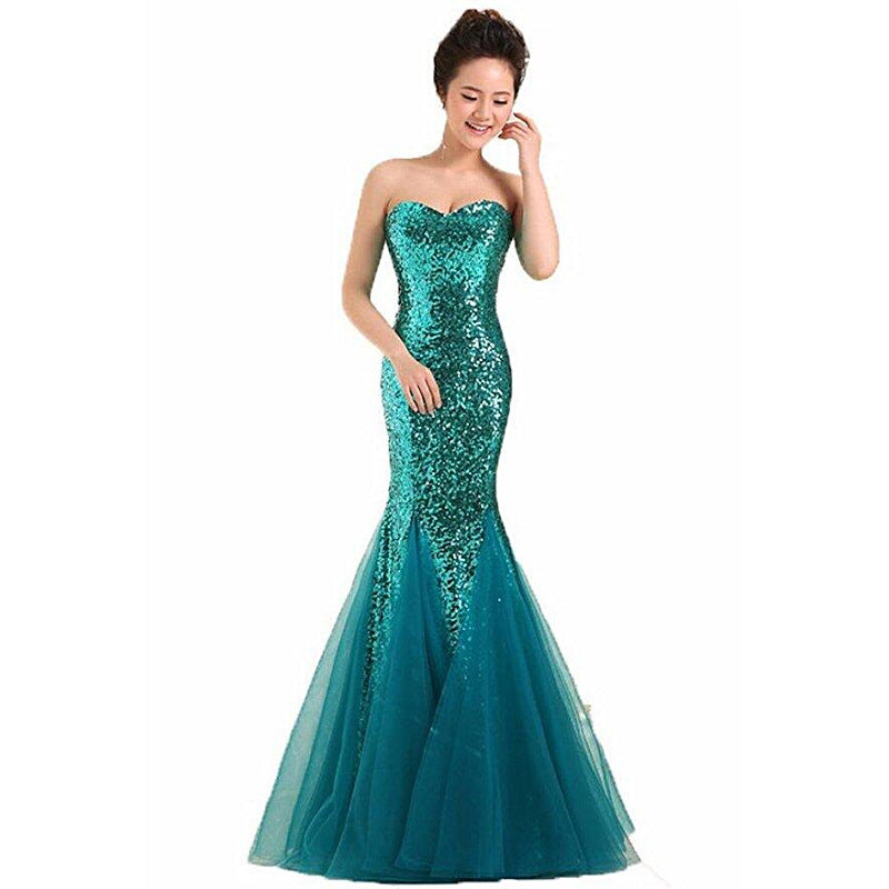 Women Strapless Sequined Sexy Mermaid Long Evening Dresses-Dresses-Green-US4-Free Shipping Leatheretro