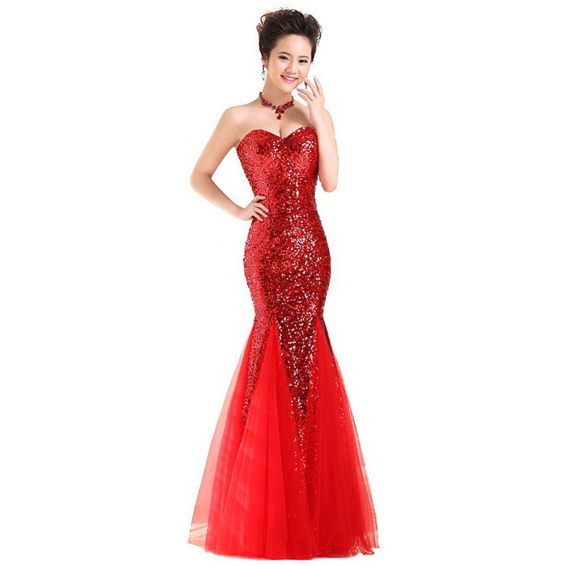 Women Strapless Sequined Sexy Mermaid Long Evening Dresses-Dresses-Red-US4-Free Shipping Leatheretro