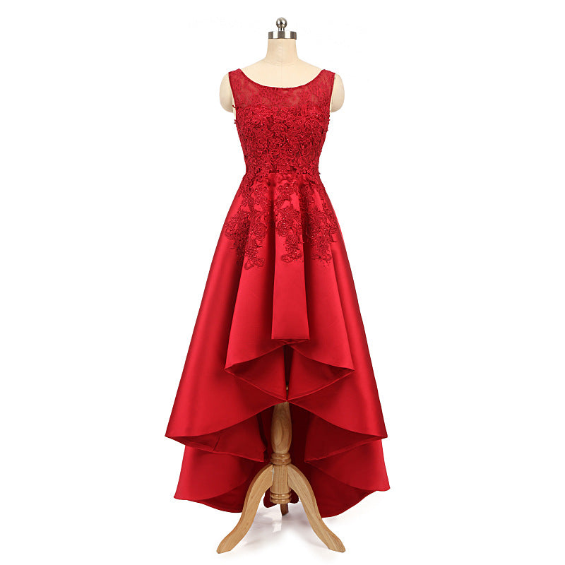 Women Red Lace Asymmetrical Evening Party Dresses-Dresses-Red-US2-Free Shipping Leatheretro