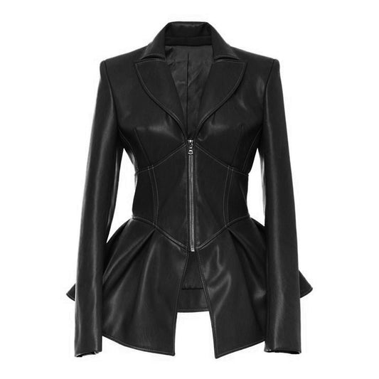 Women PU Leather Skirt Style Jacket Overcoat-Outerwear-Black-S-Free Shipping Leatheretro