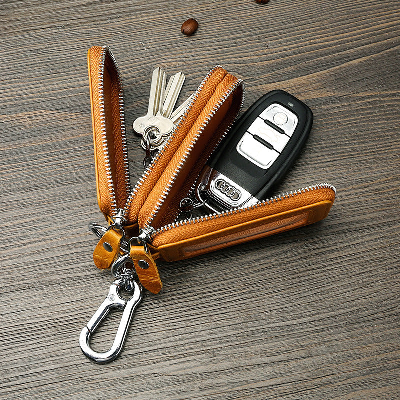 Vintage Cowhide Double Zipper Leather Car Key Cases 9009-Brown-Free Shipping Leatheretro